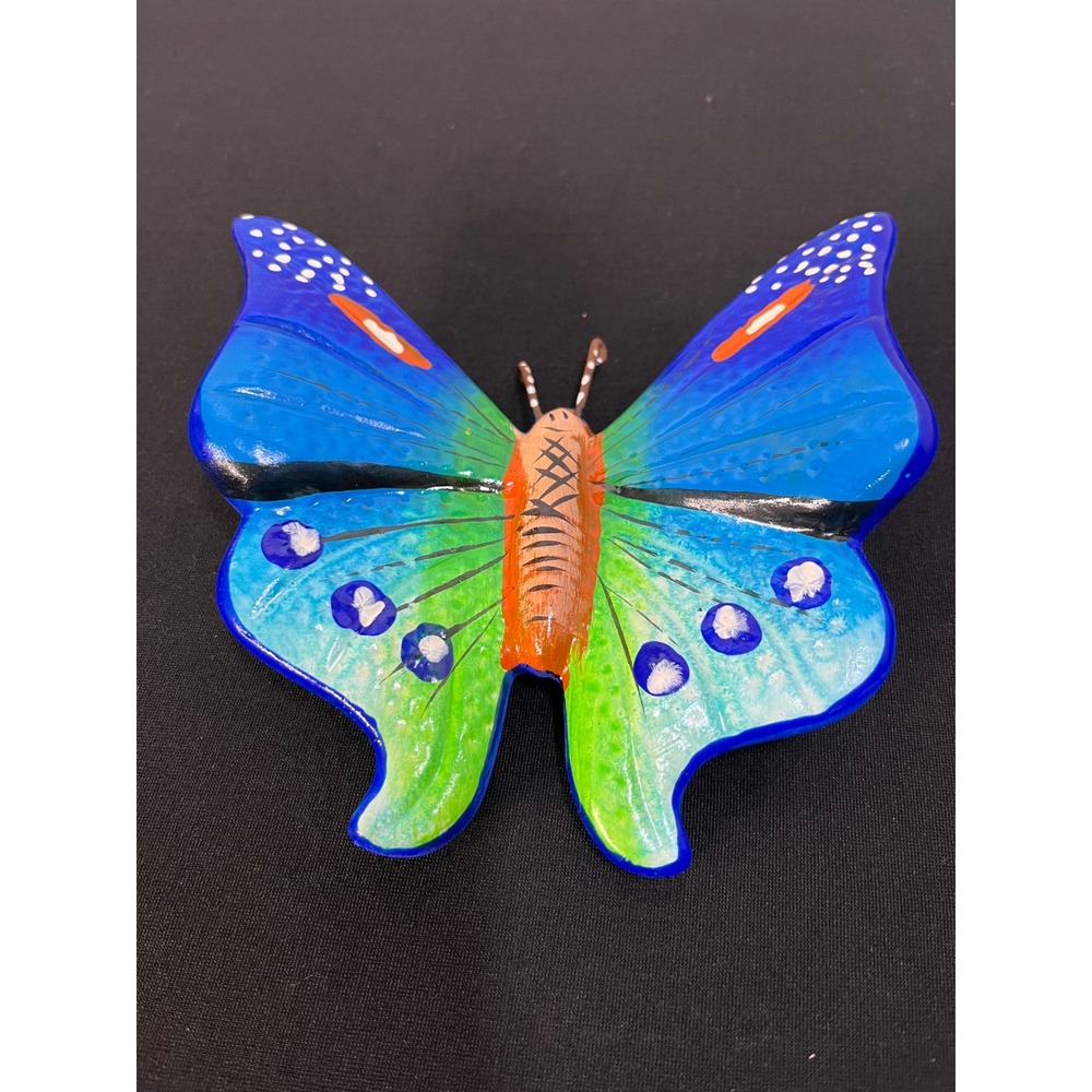 Hand Painted Ceramic Butterfly Wall Hanging Blue Green Folk Art Decor 5.5 Inch